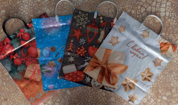 Пакеты НГ -  с пласт ручкой 45*38 АССОРТИ (спайка 10шт)