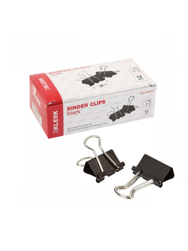 Зажимы для бумаг 32мм черные набор 12шт KLERK 209425 картонная коробка