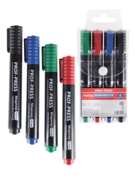 Набор маркеров перманентных 4цв 2,5мм Проф-Пресс МП-4204 красный синий зеленый черный