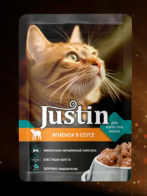 Корм консерв пауч Джастин для кошек с Ягнёнком в соусе 75 гр