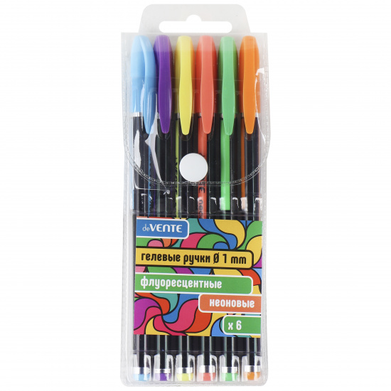 Набор гелевых ручек 6цв 6шт 1мм флуоресцентные черный корпус deVENTE Neon Black 5051812 пласт/уп